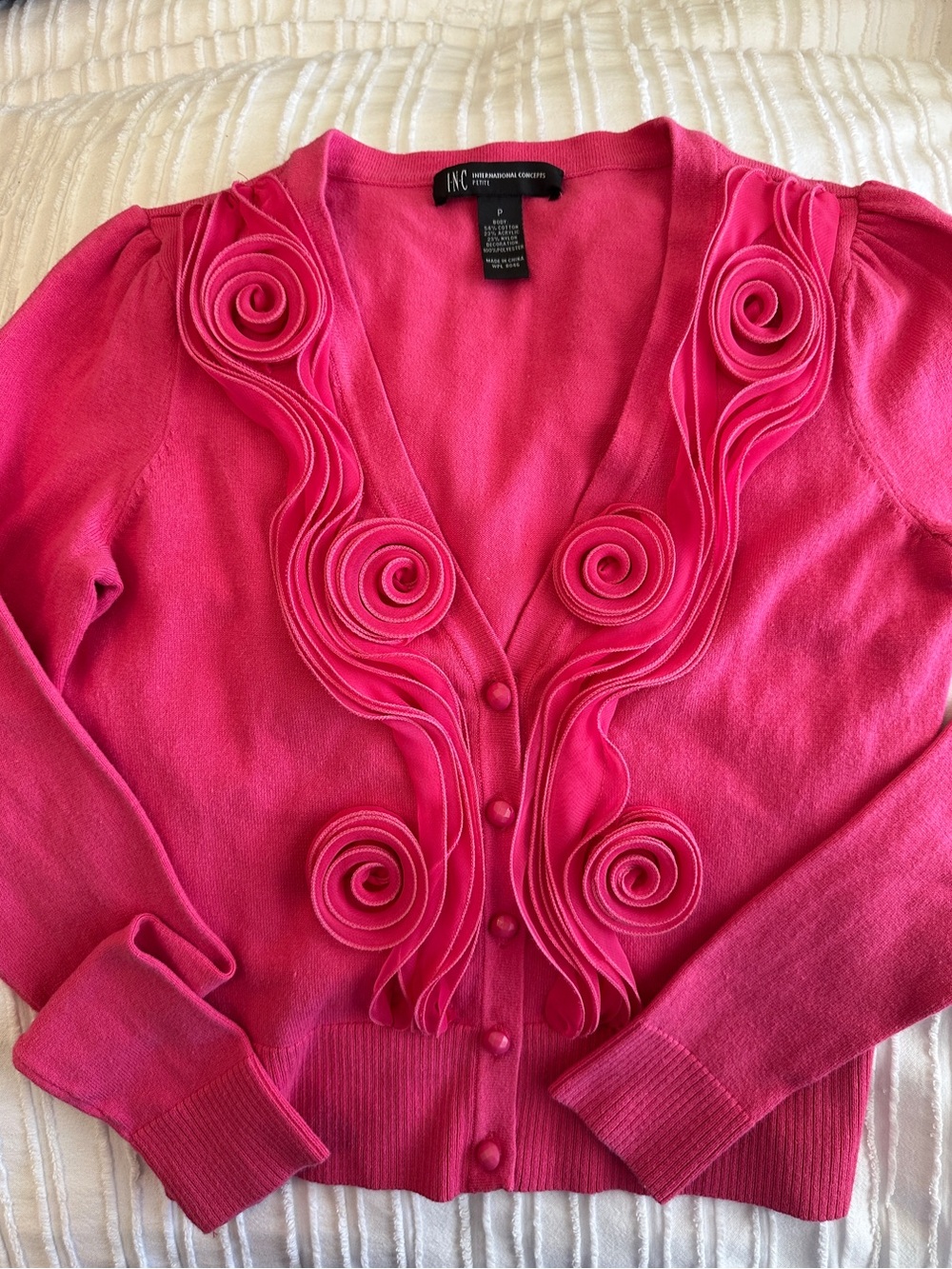 INC International Concepts Bright Pink V-Neck Cardigan with Rosette Trim